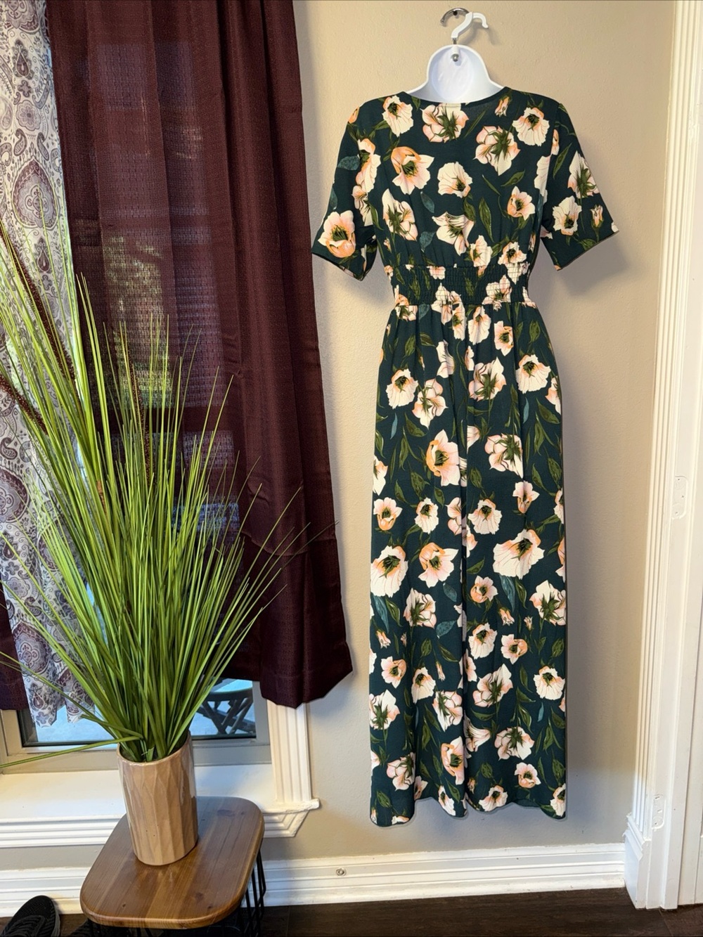 #861 Boutique Hunter Green/Multi Floral Button-Down Maxi Dress Size Extra Small - Picture 8 of 9